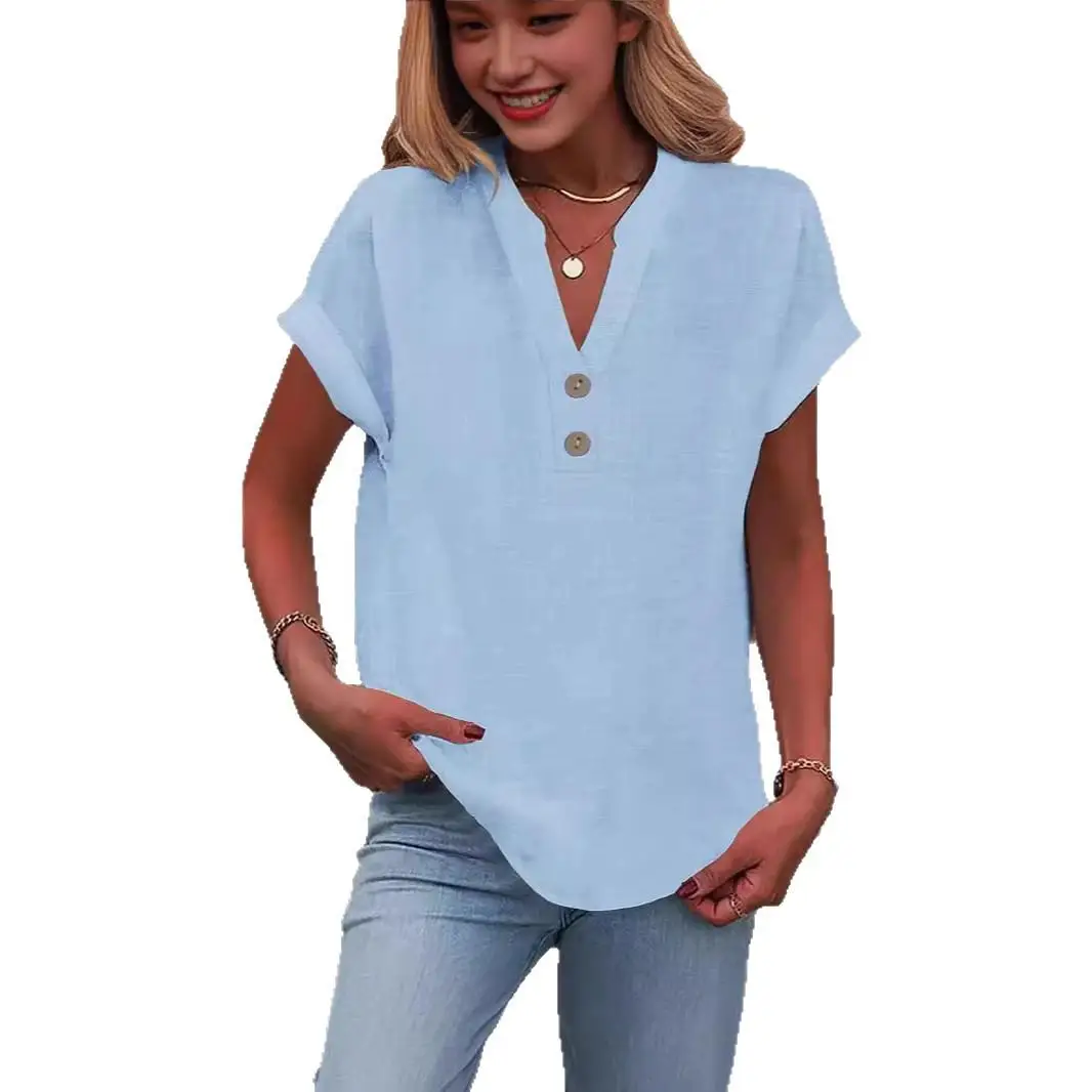 ياقة واقفة للنساء ort Sve irt مزيج القطن الرقيق جرس Sve نسيج البوليستر الصيف Faion السيدات irt