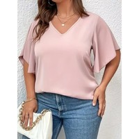 Plus Size 1XL-5XL Women's Solid Color  Short Sleeve Blouse V Neck Bell Sleeve Blouse Casual Pullovers Shirt Top
