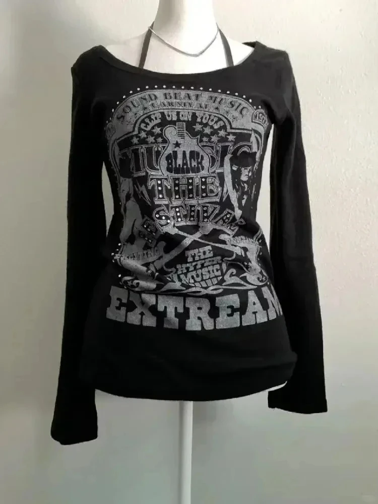 Y2k Crop Tops American Vintage Long Sleeve T-shirt Punk Gothic Rock Black Lace Tops for Women Harajuku Goth Grunge Summer Tees