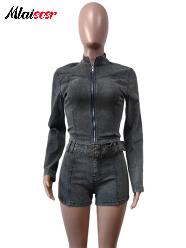 Mlaiscsr Stretch Denim Suits Women Shorts Set Long Sleeved Crop Jacket and Short Jeans with Belt Two Pieces Streetwear Outfits