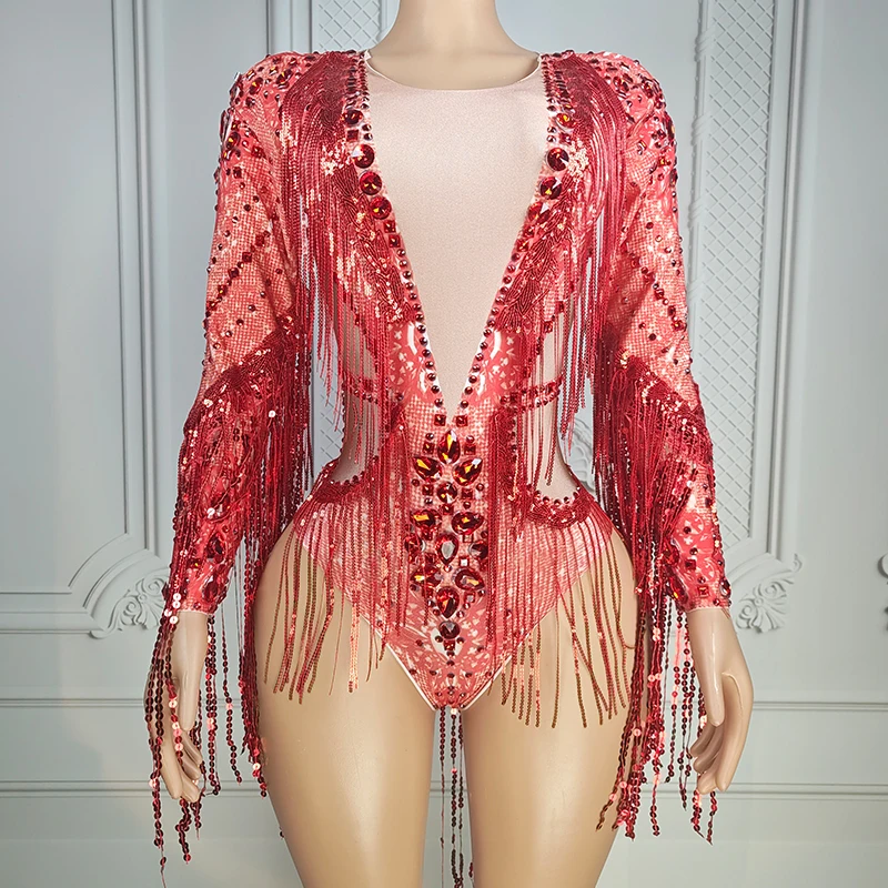 

Red Rhinestone Fringe Bodysuit Sexy Gogo Dance Costume Singer Stage Outfit Women Show Performance Wear Nightclub Dancewear 5330