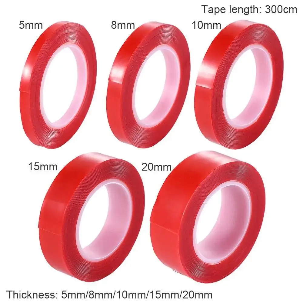 3Meters/Roll PET Red Film Double Sided Tape Strong Self Adhesive No Trace Sticker Tape Acrylic Clear Fixed Pasted Tapes