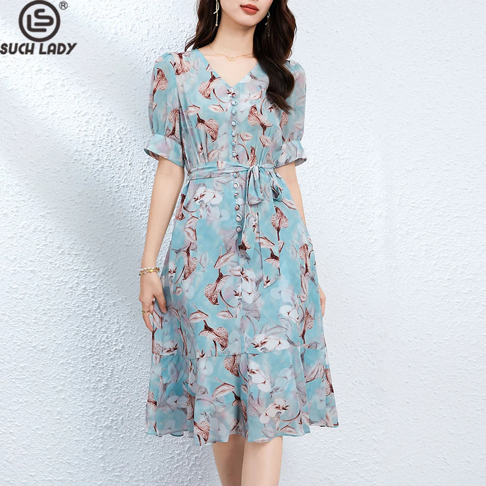 

100% Natrual Silk Women's Dresses Sexy V Neck Short Sleeves Lace Up Printed Elegant Casual Fashion Vestidos