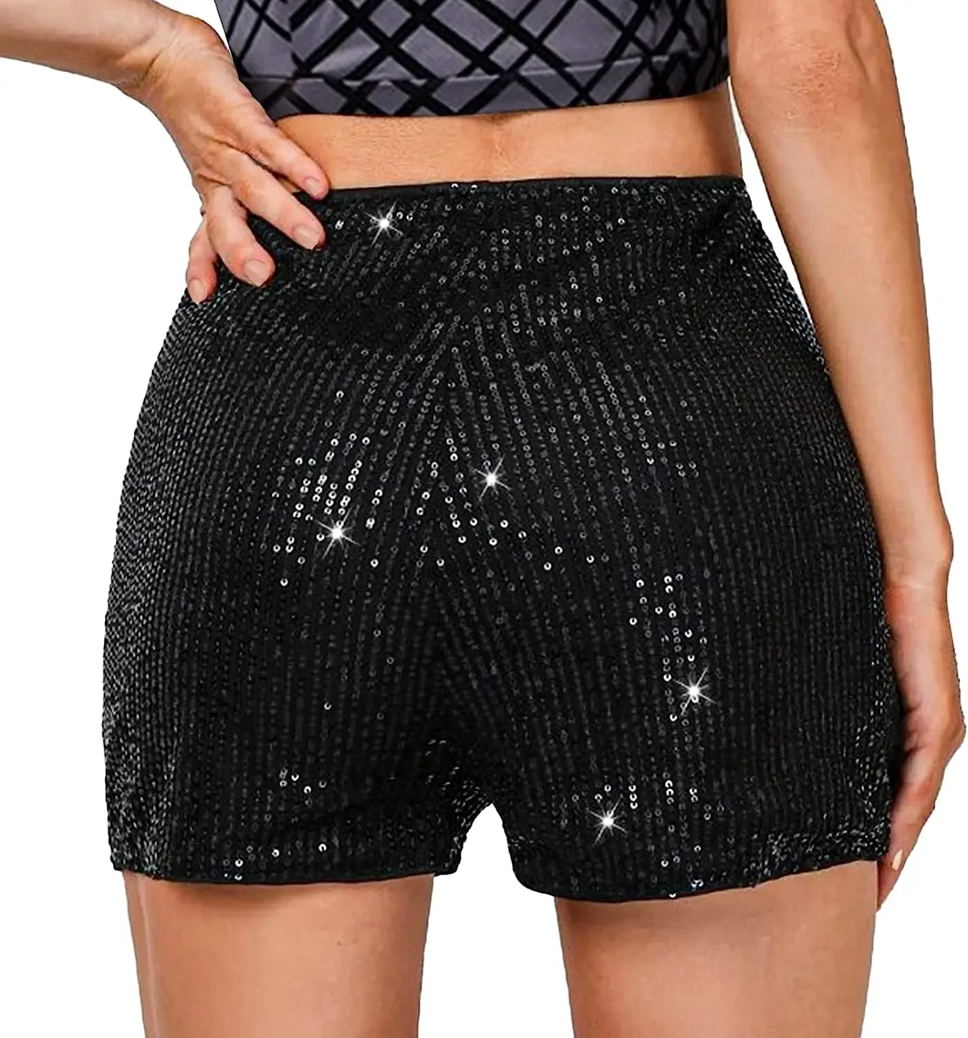 Sequin Shorts for Women High Waist Elastic Sparkly Straight Leg Short Glitter Sparkle Hot Pants Solid Party Black