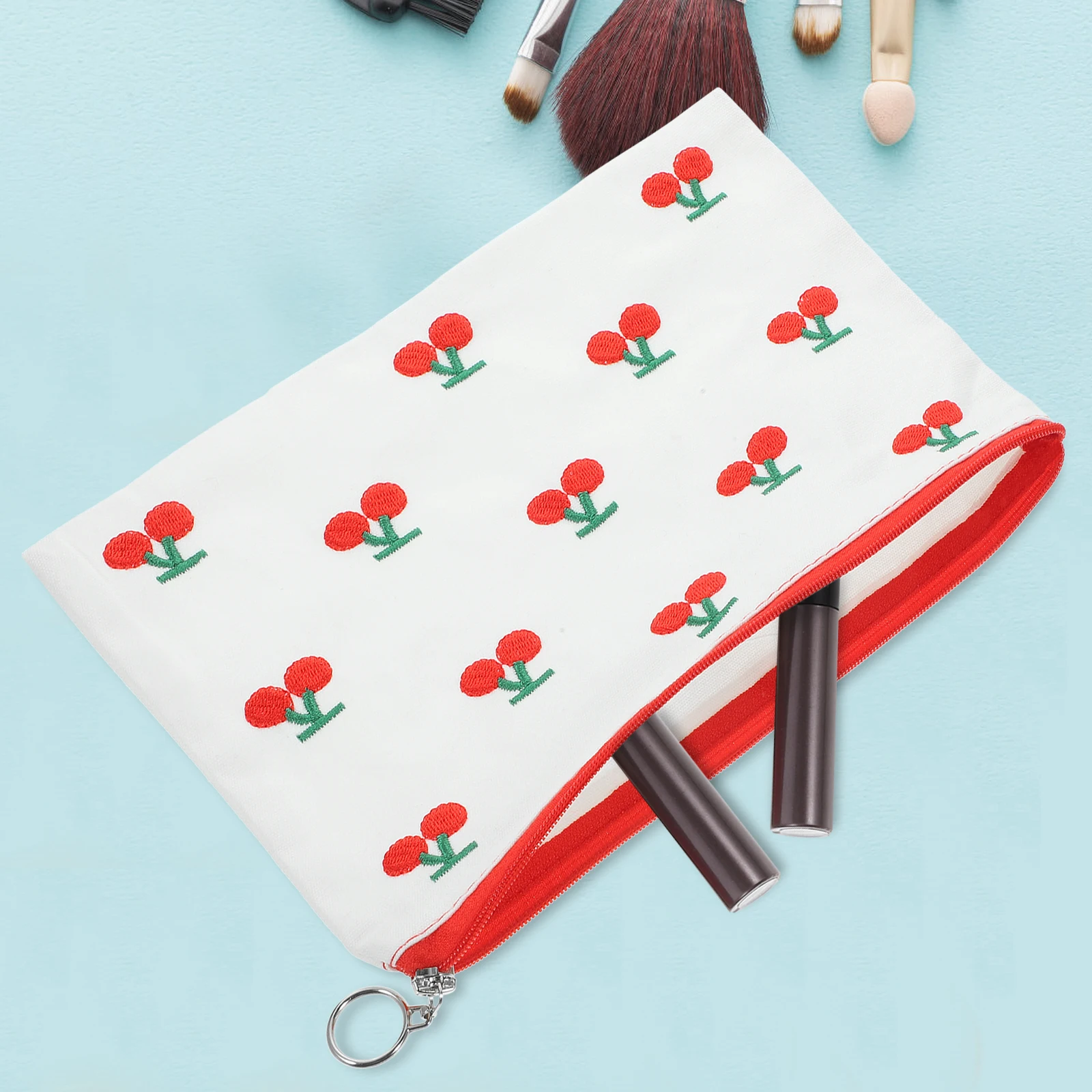 チェリー刺繍クラッチバッグポーチトラベルオーガナイザー女性赤柄収納化粧コインポーチジッパーバッグ