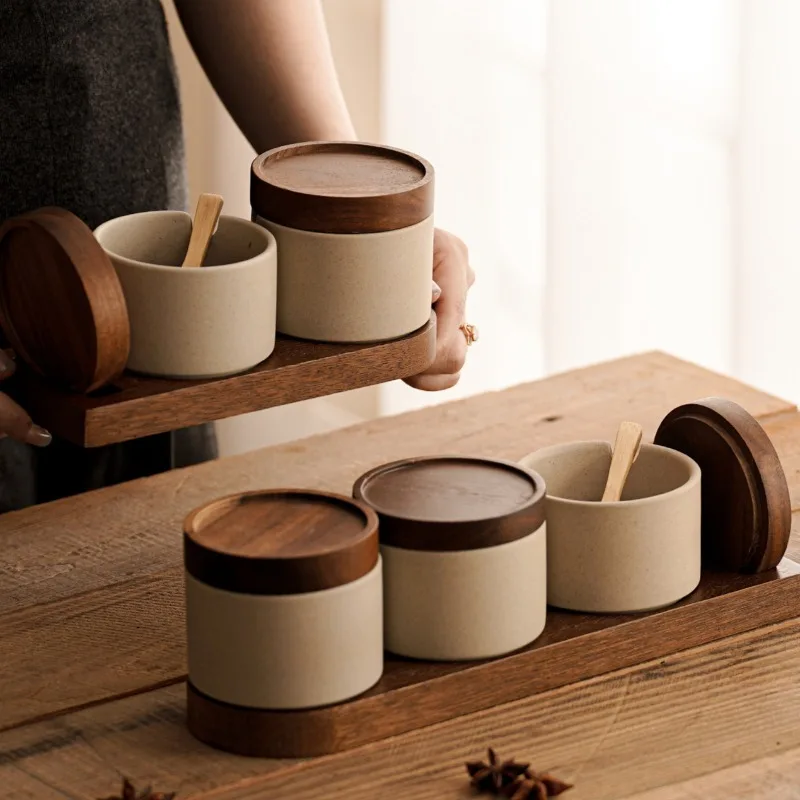 

Керамическая банка для специй в японском стиле, набор кухонных глиняных контейнеров для хранения приправ для соли, перца, порошка чили, идеально подходит для дома