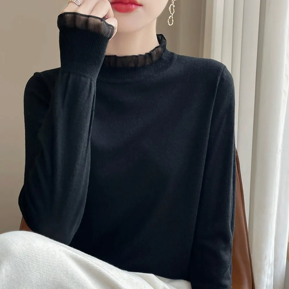 Outlet Lace Collar d Knitted Sweater Women's Semi High Collar Knitwear Bright Tead Spangled Polyester Rabbit Fur Blend