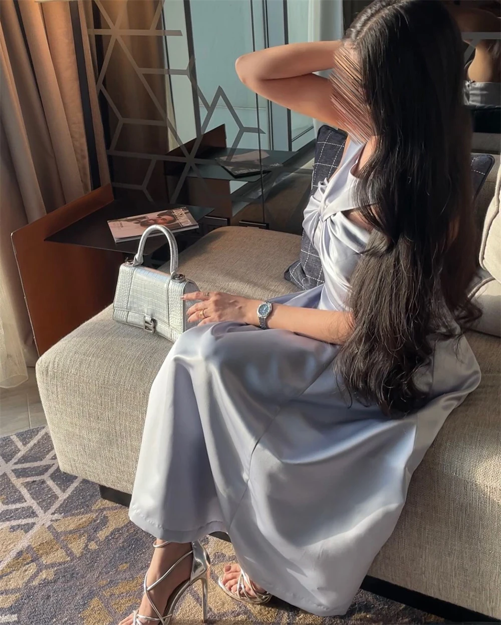 AsaNagi Silver Colour Satin Evening Dresses Halter Neck A-Line Simple Formal Party Gown Saudi Arabic 2023 robe soirée Low Price