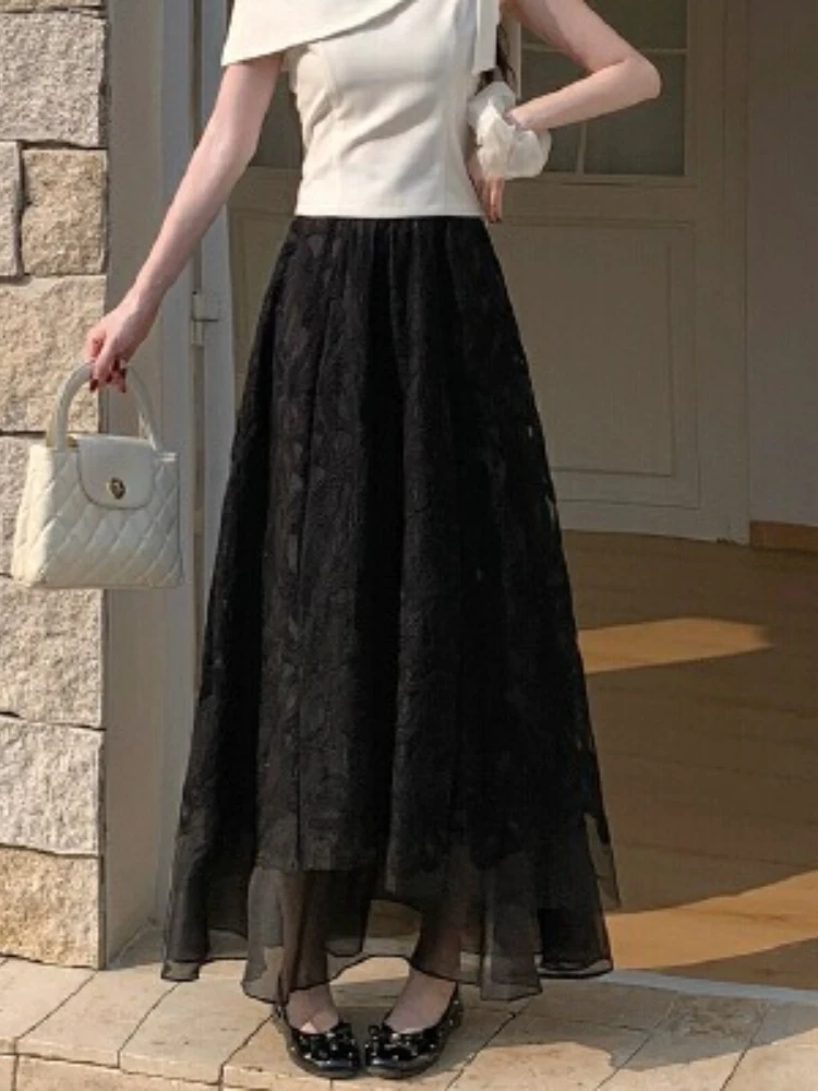 Women's Bohemian Vacation Style Midi Skirt Apricot Solid Color Lace Hook Flower Detail Fashion Design Niche Skirts Clothing