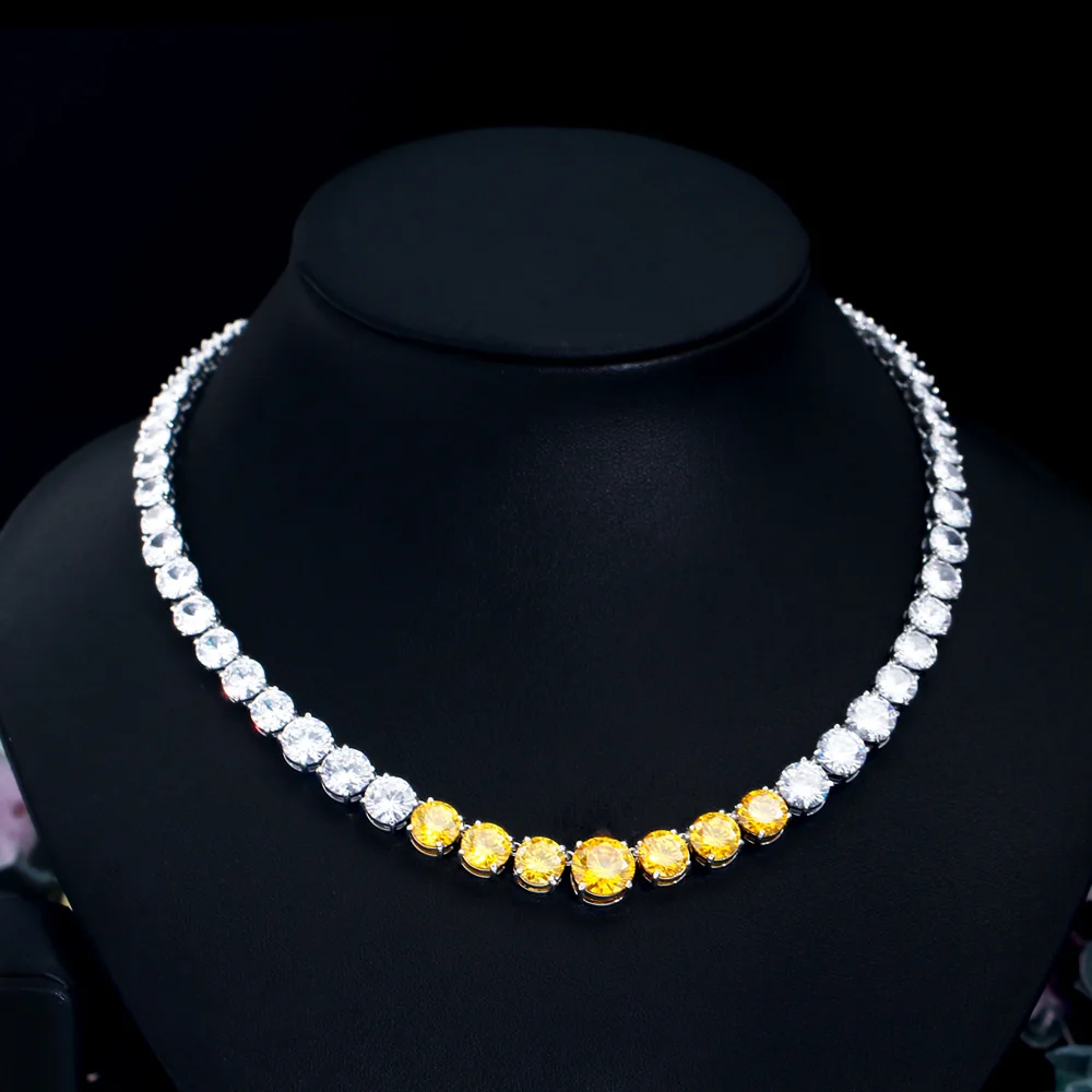 CWWZircons Classic Beauty Real 5A Cubic Zirconia Round Yellow CZ Tennis Chain Wedding Engagement Necklace for Women Gift CP103