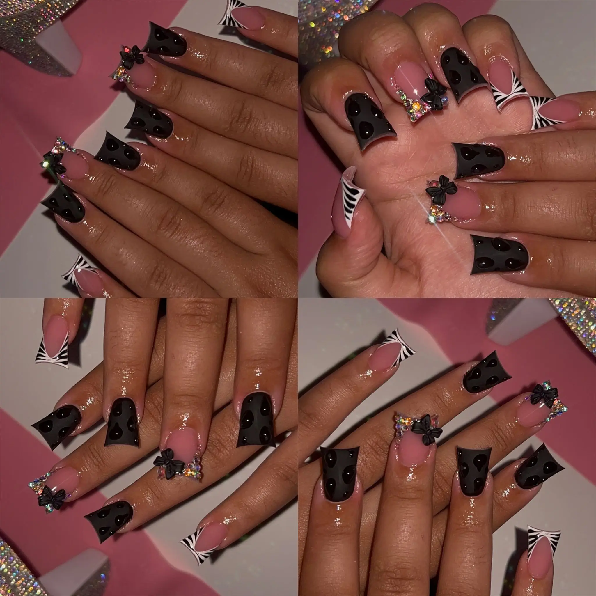 

24pcs French Fake Nails with Animal Print False Nails Short Square Press on Nails Diamond Cross Nail Press Ons Sweet Cool