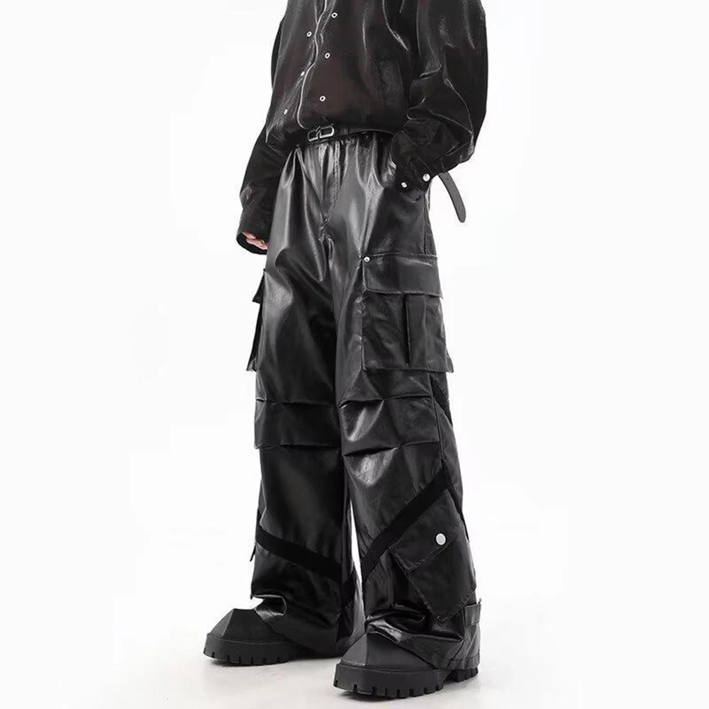 Mens Pu Cargo Moto Casual Pants Streetwear Autumn Fashion Youth Outdoor Versatile Hip-Hop City Boy Youth Trends Biker Pants 2026