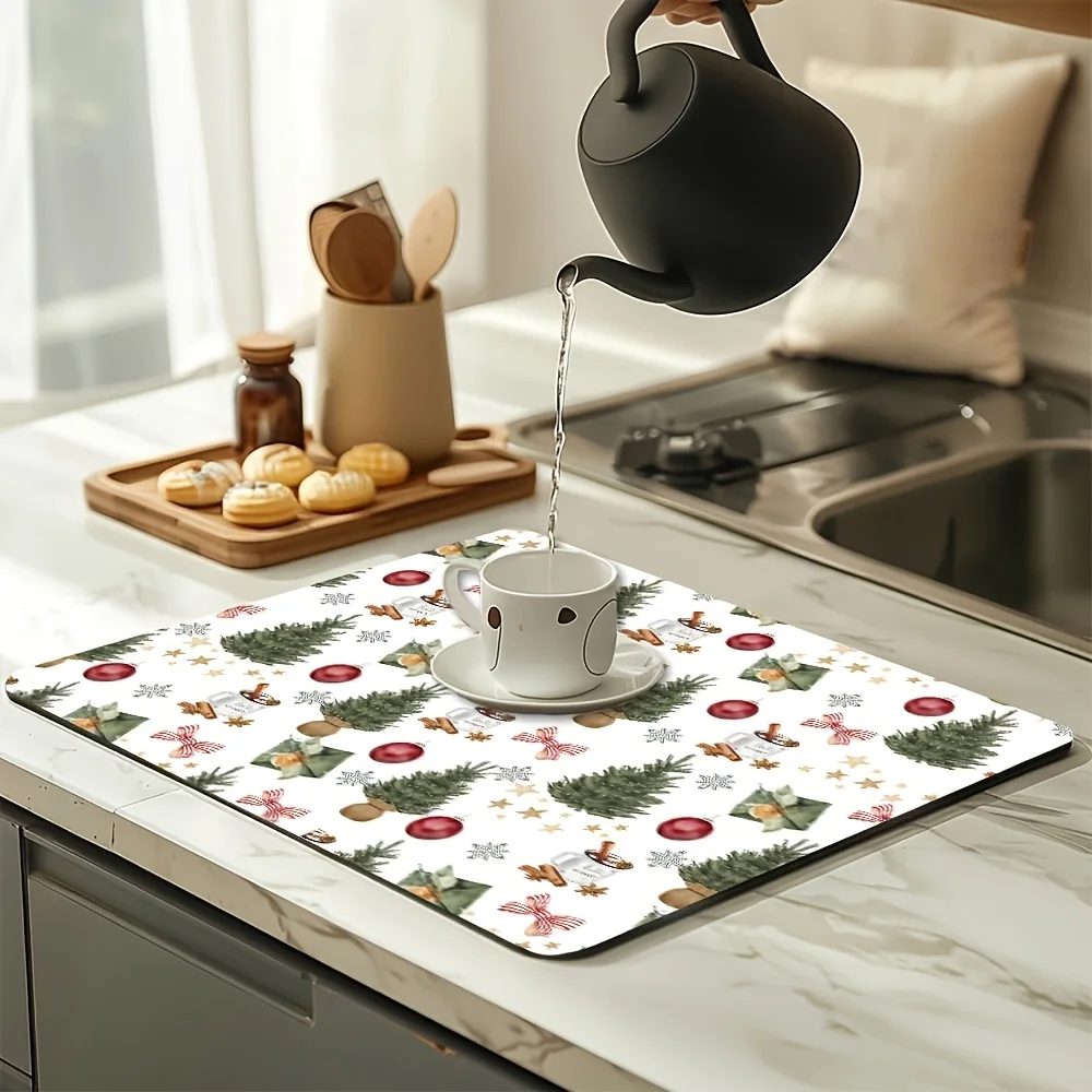 Watercolor Christmas Tree Dish Mat, Mini Xmas Ornament & Gift Scatter Print, Ultra Absorbent Counter Mat For Holiday Kitchen