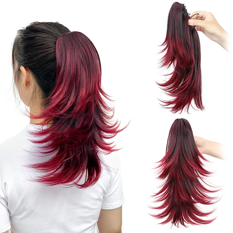 Extensión de coleta corta y rizada en capas de 14 pulgadas, con clip de garra, en rojo, rubio y negro, para mujer
