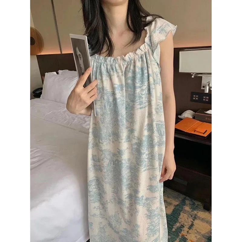 Women Nightgown Sleepwear Print Short Sleeve Night Dress Summer Night Wears Korean O-neck Sleeping One Piece Pajamas 2024 New