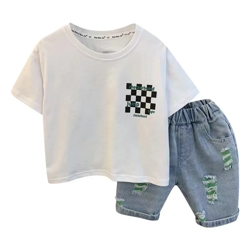 Vestiti estivi per neonati Nuovi vestiti per bambini Manica corta Girocollo Pullover Top e pantaloncini di jeans Sport Due pezzi 1-9T Set