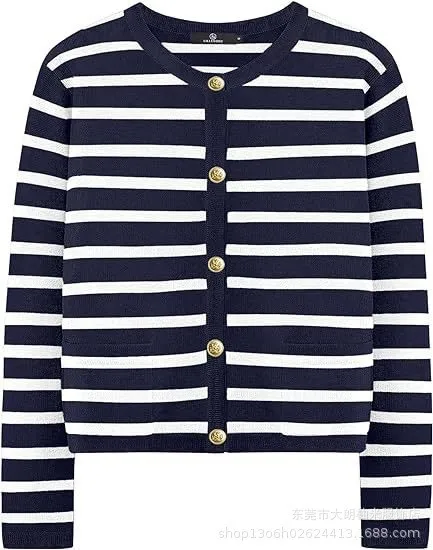 2024 Fall Women\'s Striped Cardigan Sweaters Button Down Cropped Knit Round Neck Lady Jackets Coat Outfits Trendy Clothes