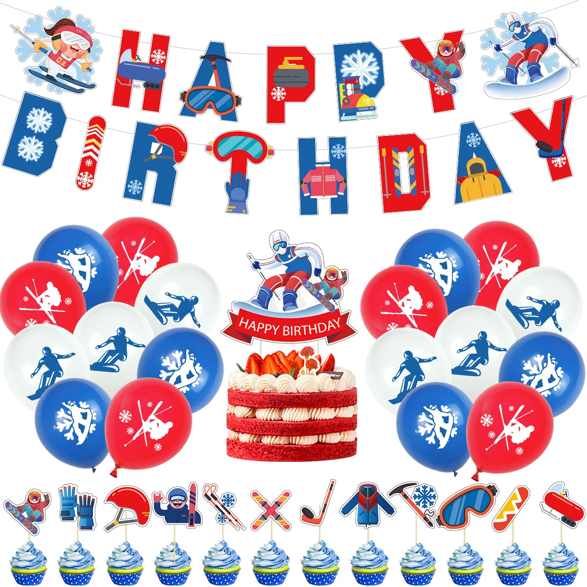 

Cheereveal Skiing Sports Themed Birthday Party Decorations Red Blue Ski Balloons Banner Cake Topper for Party Decor Supplies