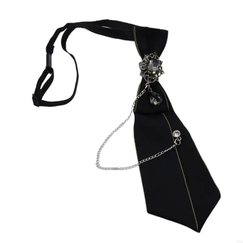 49MB Men Women Steampunk Black Necktie Gothic for Rhinestone Metal Chain Crystal Pendant Jewelry Bowtie Adjustable Pre-Tied Bow