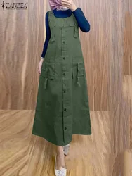 Autumn Women Overalls Dress Vintage Spaghetti Strap Solid Muslim Sundress 2024 ZANZEA Robe Femme Dubai Turkey Islamic Clothing