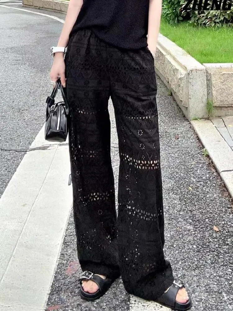 

Summer Trousers High Quality Thin High-Waisted Lace Hollow Floor-Length Wide-Leg Pant Women Loose Casual Straight Pants 2025 New