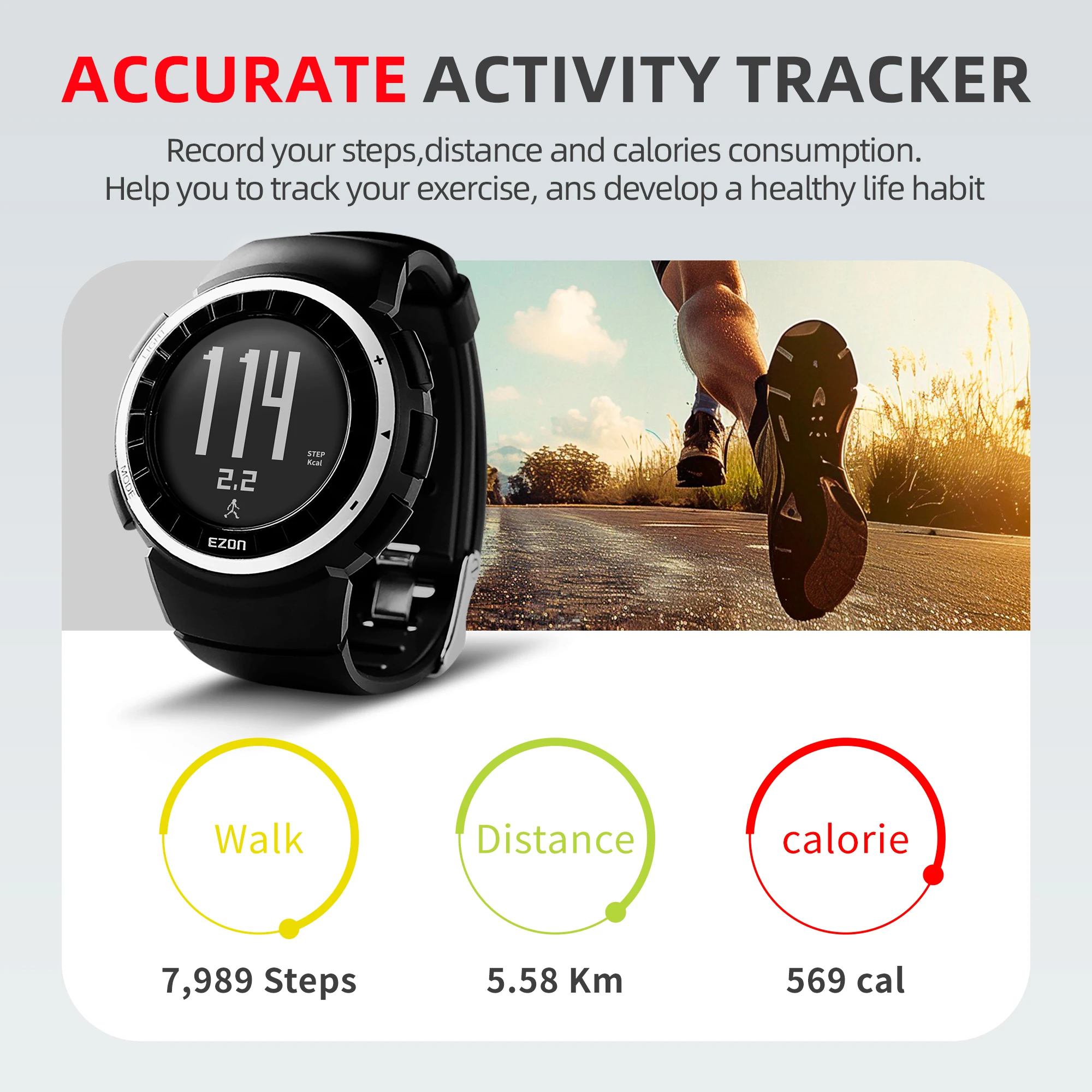 EZON T029 Men Sports Watch Pedometer Calories Chronograph Fashion Outdoor Fitness Watches 50M Waterproof Digital Wristwatches