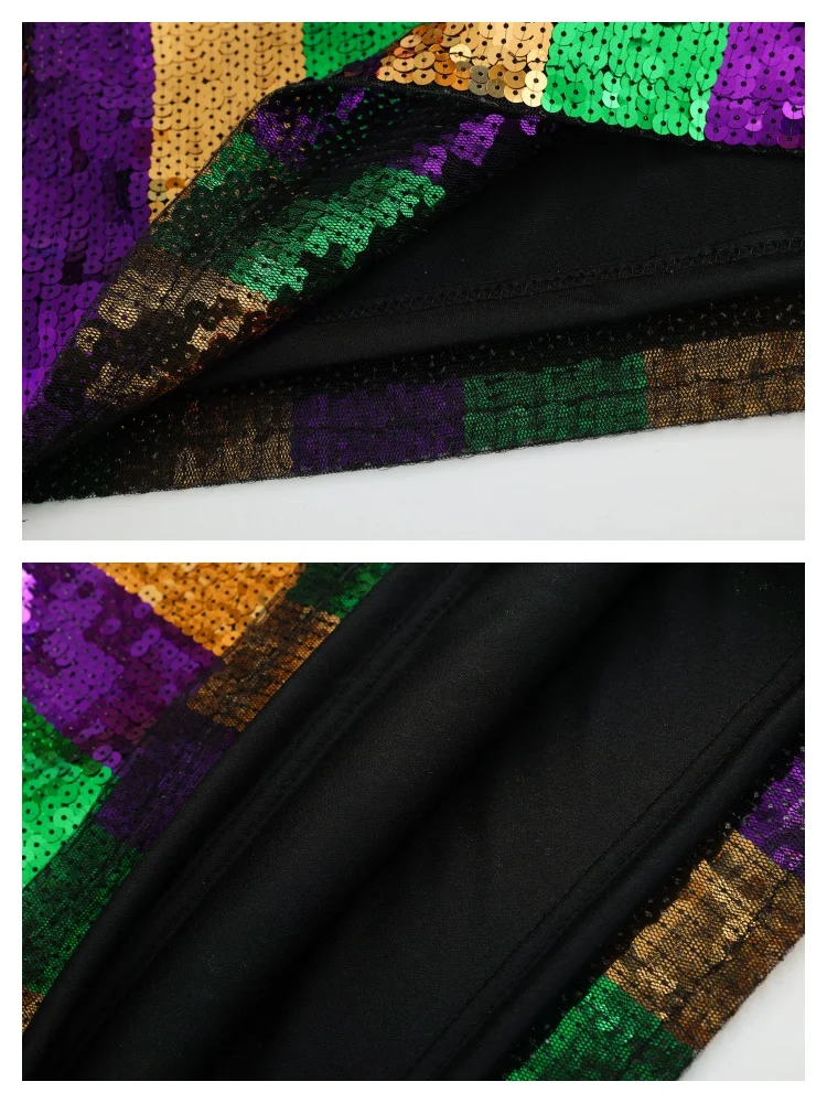 Brilhante tri cor verde ouro roxo lantejoulas listra camisa vestido 2025 mardi gras festival vestuário para mulher