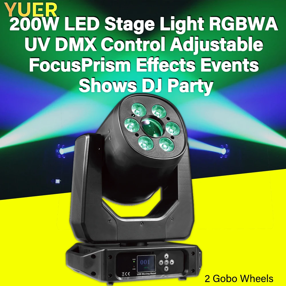 

YUER NEW 200W LED Stage Light, RGBWA+UV, DMX Control, Ideal for Concerts & Events, 25 Channels, 540°/270° Scanning, IP20