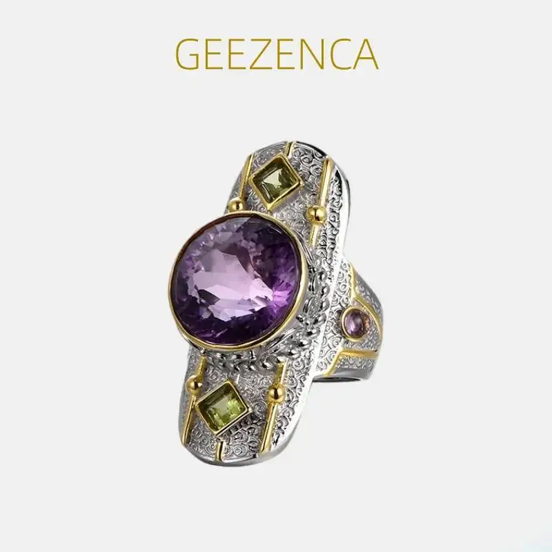 

GEEZENCA Natural Amethyst 925 Silver Large Rings Two Tone Chunky Cocktail Ring Clearance Limited Stock First Come First Get