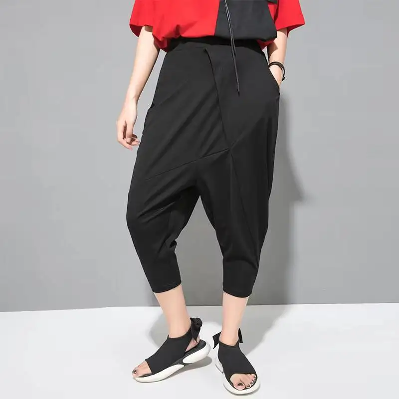 

Ladies Harlan Pants Down Pants Spring And Summer New Elastic Waist Personality Stitching Large Size Seven Casual Pants