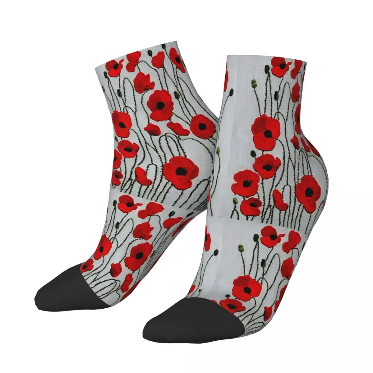 Red Poppies Embroidery Flowers Ankle Socks Male Mens Women Spring Stockings Hip Hop