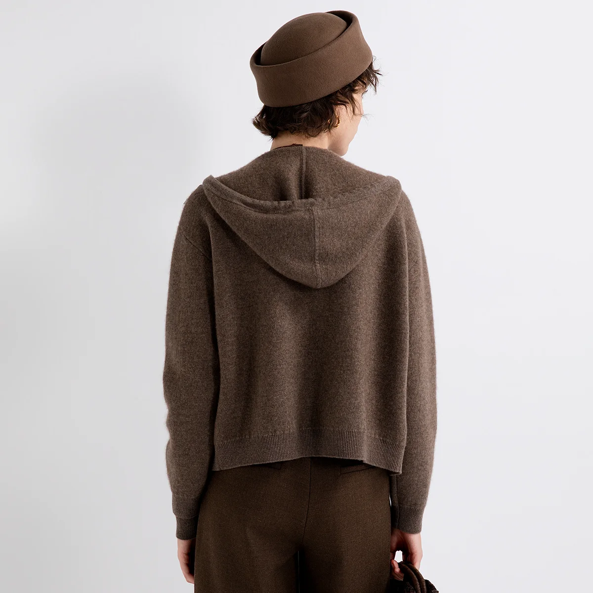 TY862141 Women's Hooded Zip Up Knit Jacket Wool Cashmere Blend 100% Sheepskin Leather Pocket Drawstring Ribbed Cuff LP Old Money