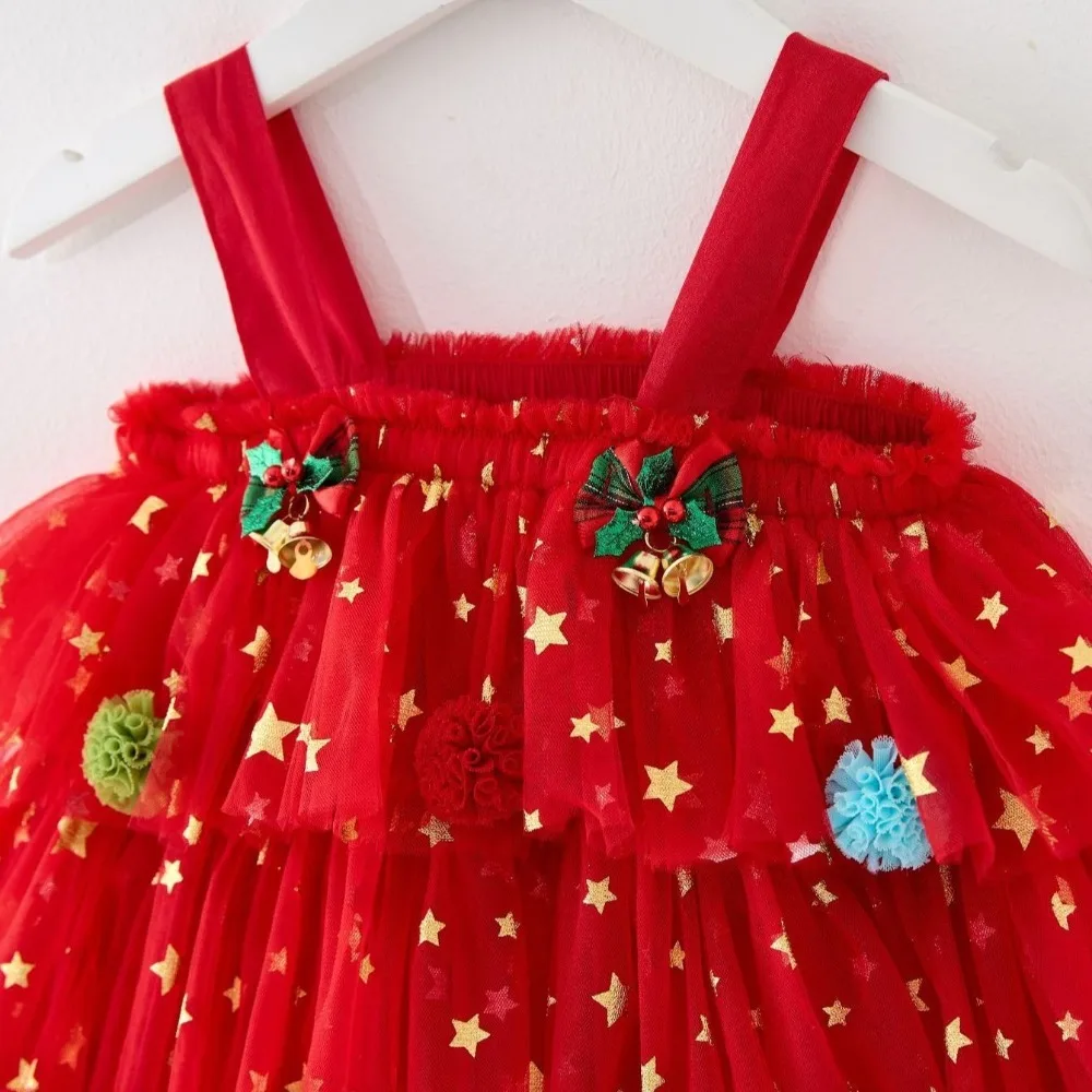 Sleeveless Children Christmas Dress Balls Mesh Layered Layered Tulle Dress Star Moon with Bow Hair Clip Party Clothes New Year