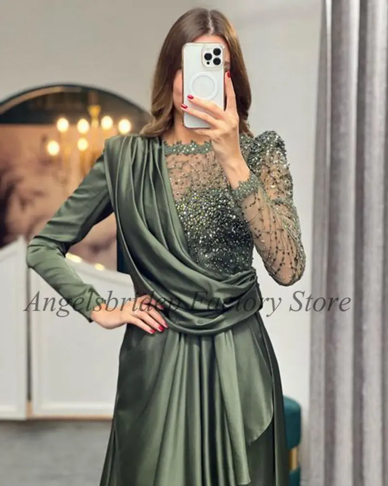 Angelsbridep Green Mermaid Prom Dresses Long Sleeves Beaded Saudi Arabia Elegant Dress Women For Wedding Party Evenign Gowns