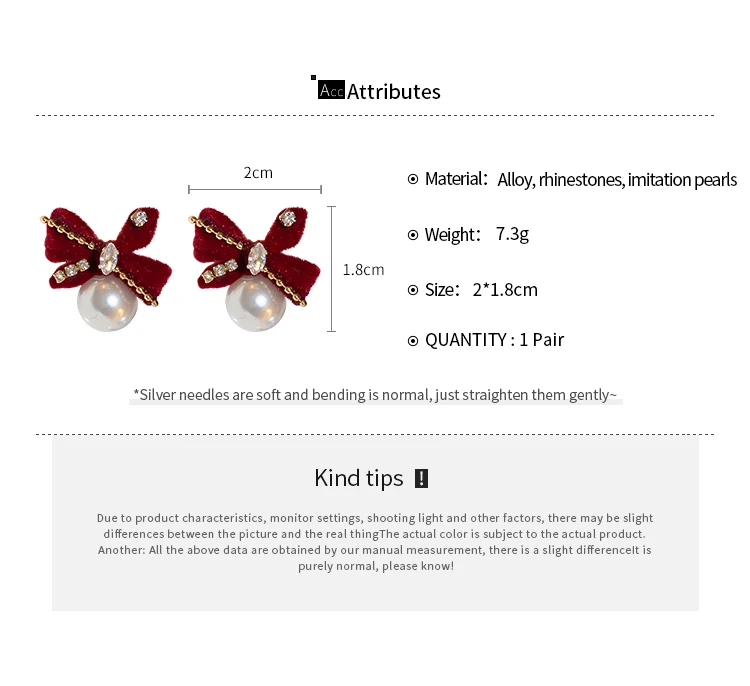 Red Velvet Imitation Pearl Bow Flower Drop Earring Retro Gentle Temperament Alloy Earrings For Women Party Jewelry Accssory Gift