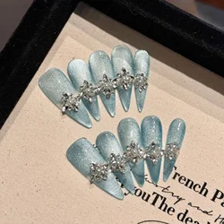 Handmade Press On Nails Glitter Blue Green Flash Cat's Eye False Nails Glossy Diamond Designs Reusable French Style Fake Nail