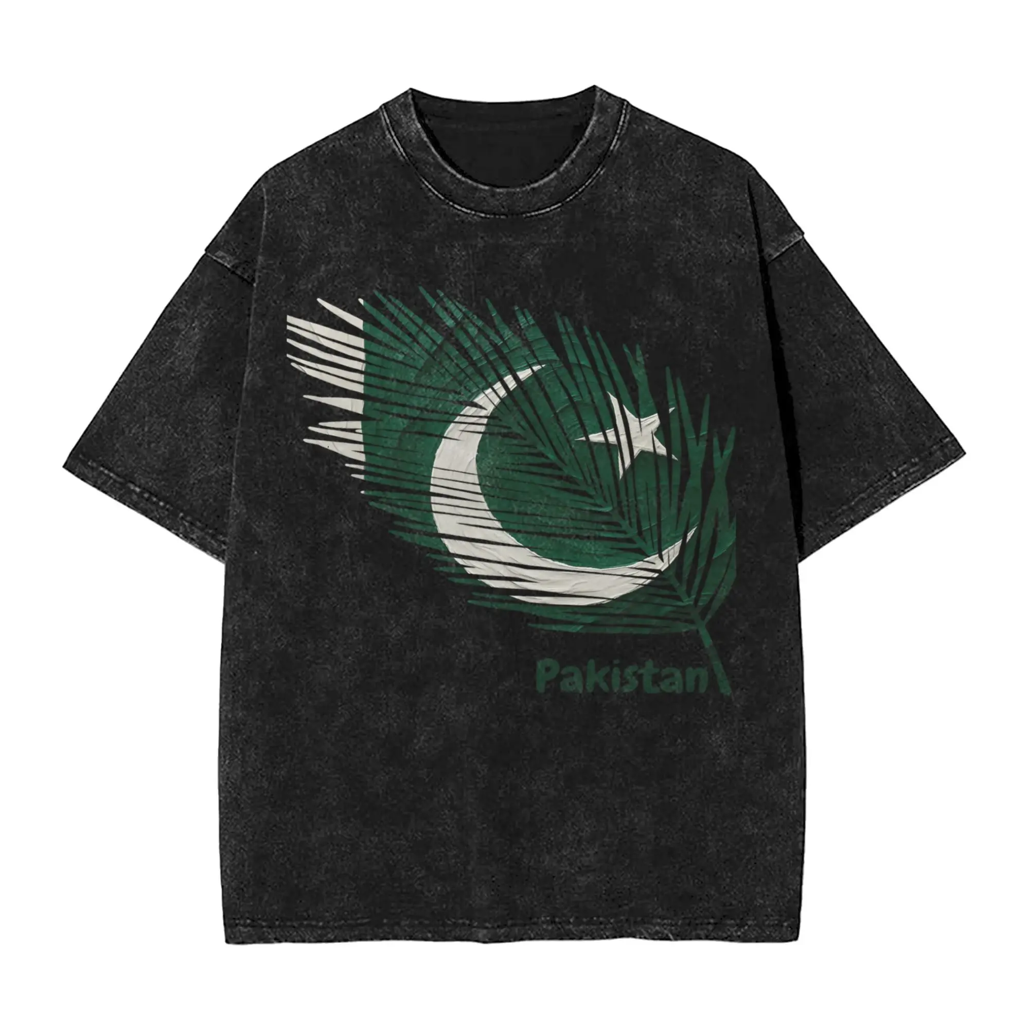 

Abstract Flag of Pakistan Feather T-Shirt Men Vintage Cotton Tees Round Neck Short Sleeve T Shirts Classic Clothes,
