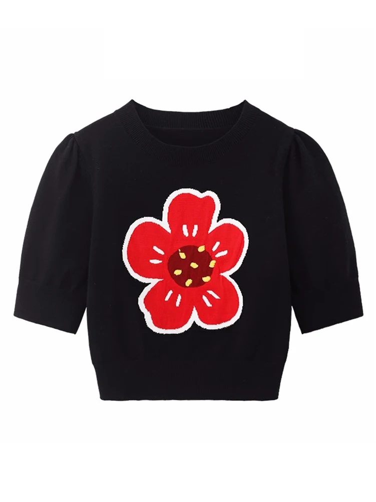 YYJO Spring Summer Short-Sleeved Knitted Round Neck 2024 Cute flower Thin Sweater Sweet Women's Pullover