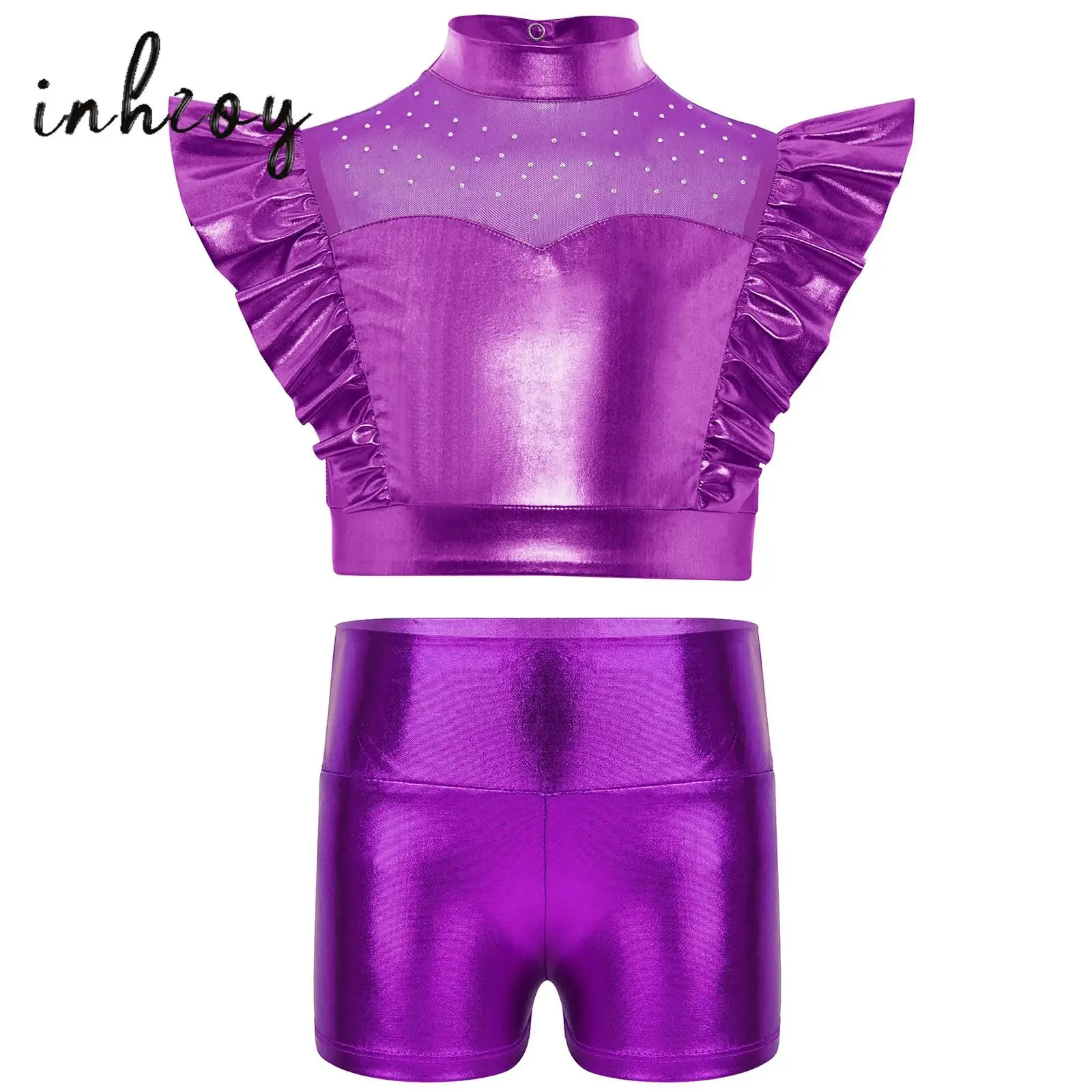 

Kids Girls Jazz Dance Costumes Mock Neck Rhinestone Mesh Patchwork Sleeveless Metallic Crop Top with Shorts Set Street Dancewear