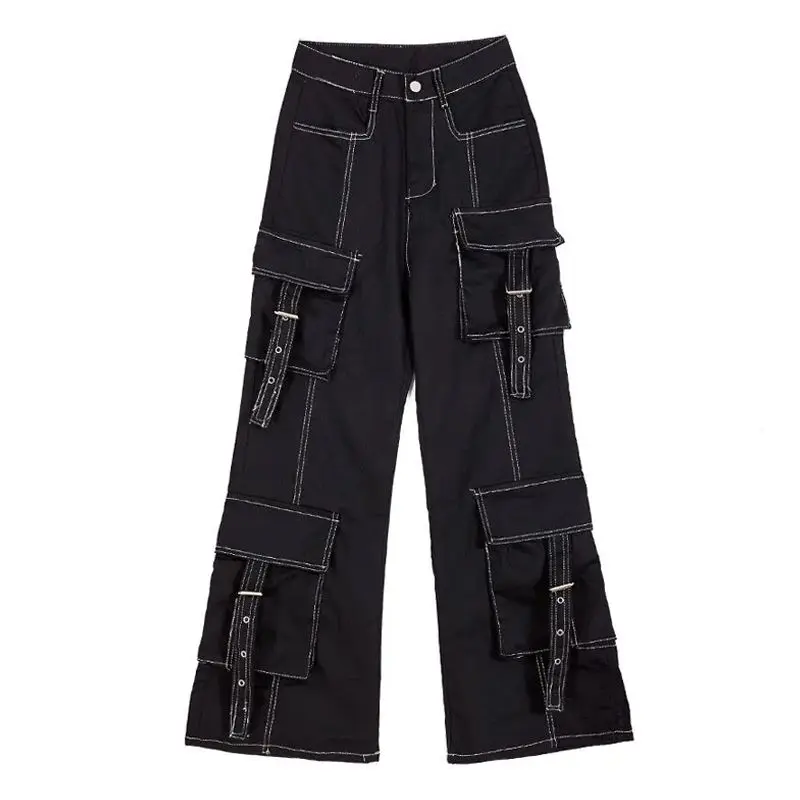 Monos de alta calidad con múltiples bolsillos para mujer, pantalones góticos de talla grande, pantalones holgados Hippie, pantalones Cargo negros Y2k