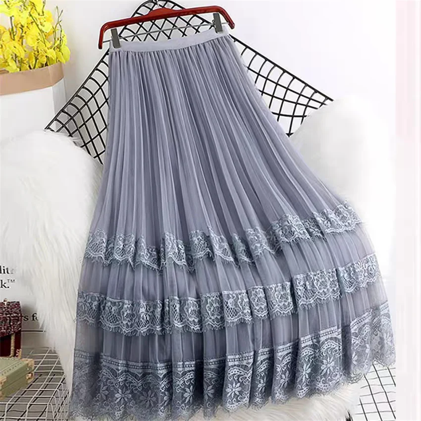 Gowyimmes 2025 Spring Summer Women Midi-Long Pleated Mesh Skirt Fashion Girl Elastic Waist A-line Cake Lace Skirts Fairy PD1766