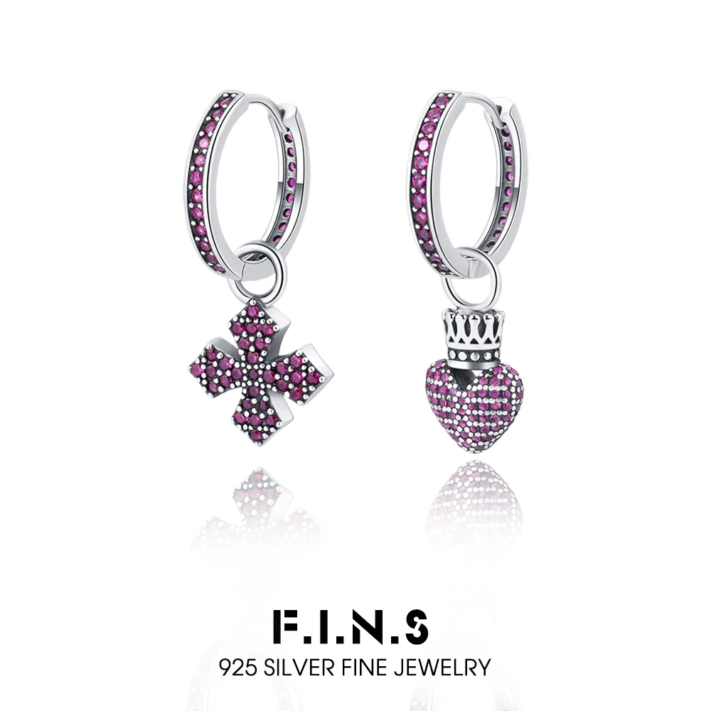 

F.I.N.S Ретро асимметричные серьги из стерлингового серебра 925 пробы с цирконием и крестом в форме сердца для женщин, художественные обручи для пирсинга, Huggies