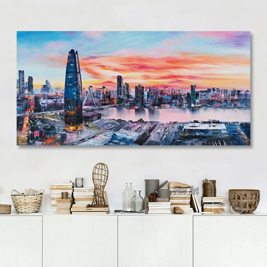 

100% Hand-painted Modern Urban Architecture Landscape Oil Painting Framless Restaurant Wall Art Decoration Home Canvas Artwork