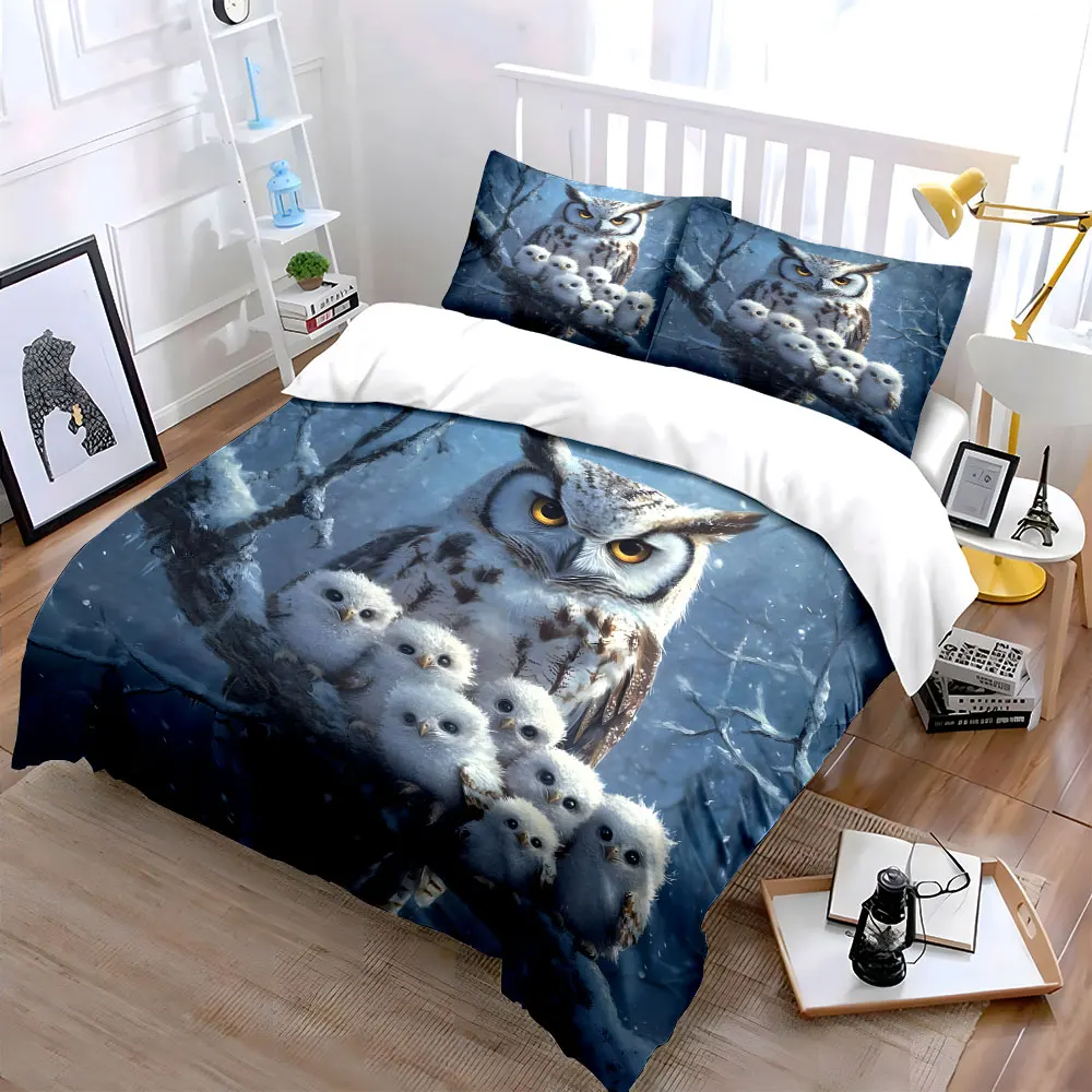 Owl with fluffy chicks on snowy branch Bedding Set for Kids Luxury Gift 3pcs Digital Print Comforter Set Soft Comfortable
