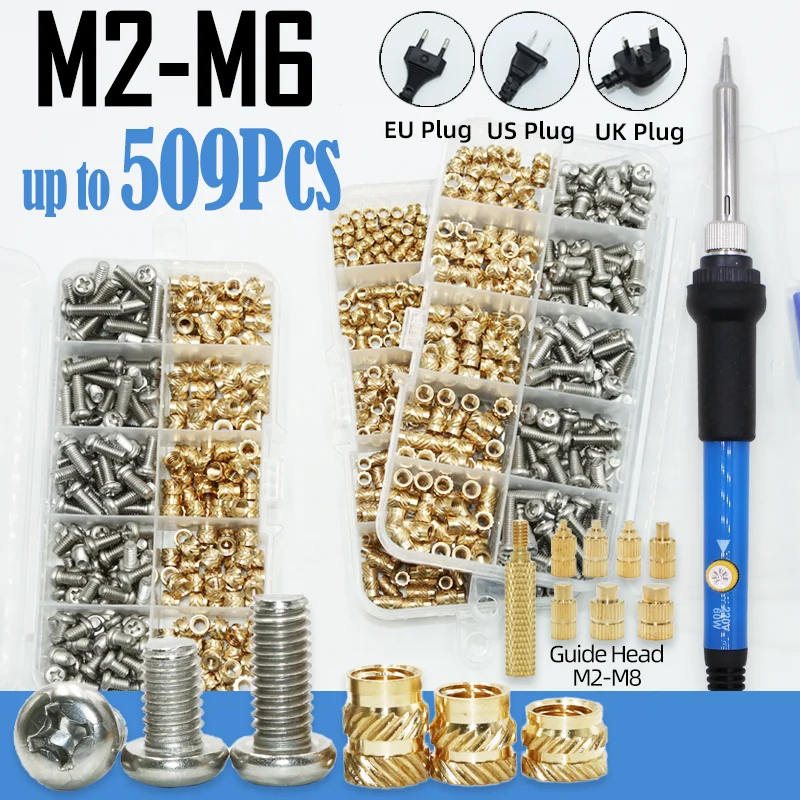 M2 M3 M4 Brass Nut Insert Threaded Heat Set Inserts Soldering Iron Tip 3D Printer Machine Screw and Knurled Nuts Insertion Tool