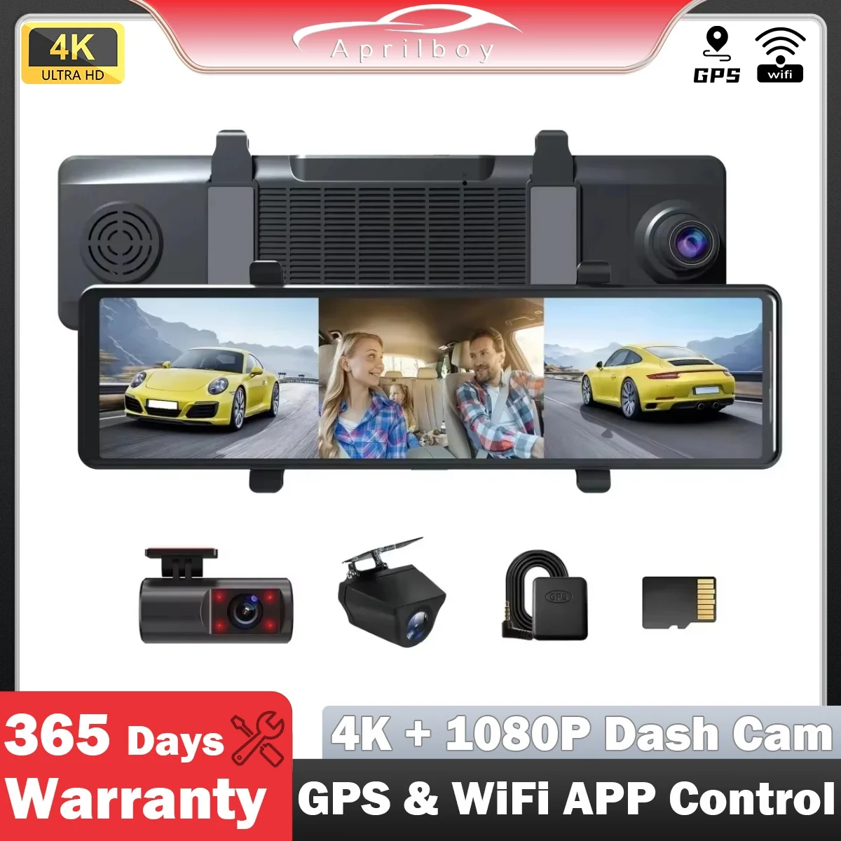 

Aprilboy B19 4K 12'' Mirror Dash Cam digital inner mirror with GPS WiFi Night Vision Loop Recording Streaming Media