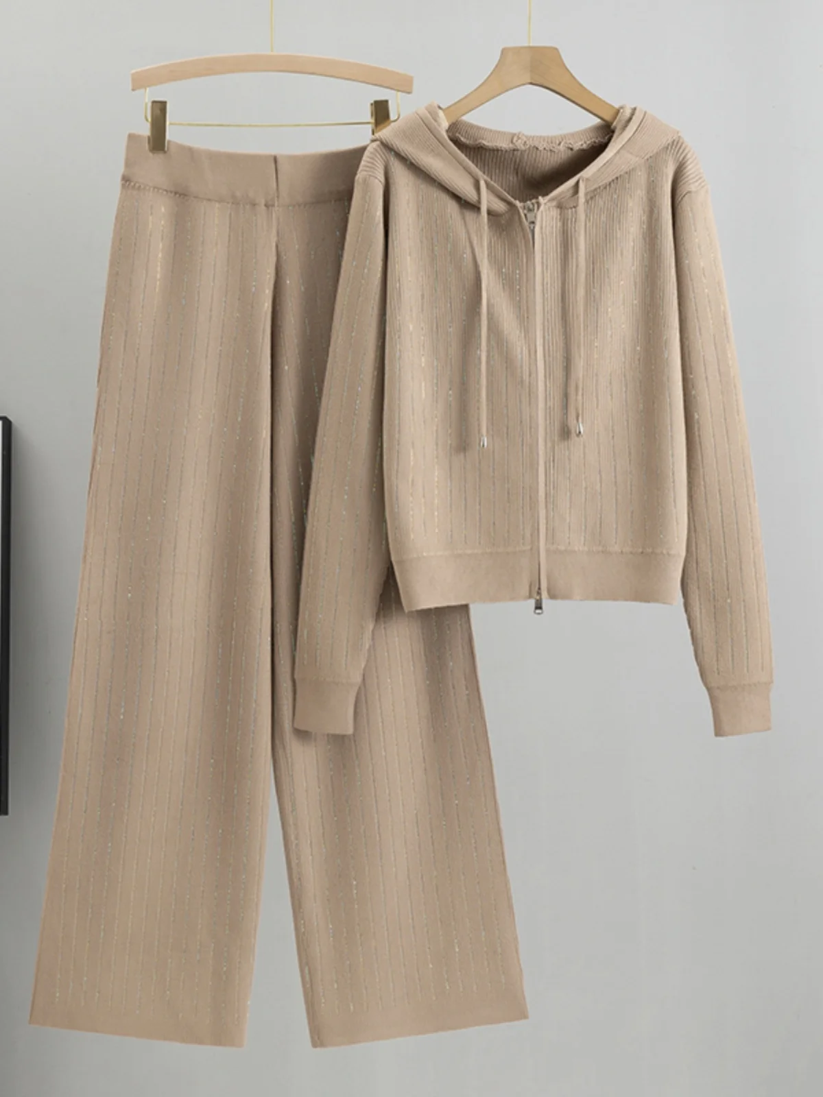 

Женские широкие брюки, вязаный кардиган с капюшоном, комплект из двух предметов, повседневный свободный весенне-осенний комплект Faion Diamond Heat Set, клей