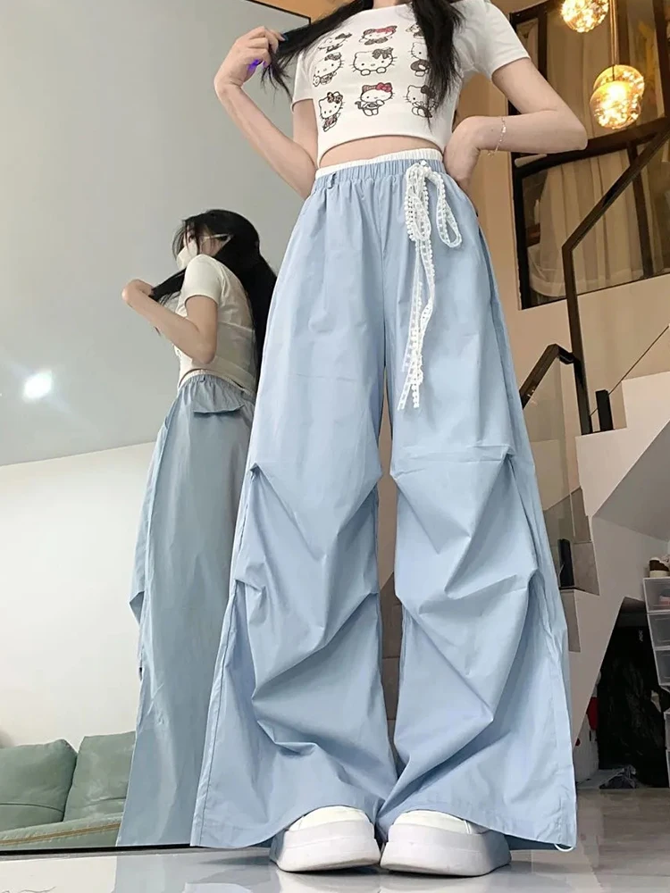Jmprs Lace Bow Cargo Pants Women High Waist Loose Sweet Blue Trousers Casual Vintage Korean Female Summer Wide Leg Pant Retro
