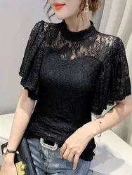 Fashionable Lace Hollow Short Sleeve Slim Fit Bell Sleeve T-Shirt Women's Summer New Style Thin Korean Version round Neck Top