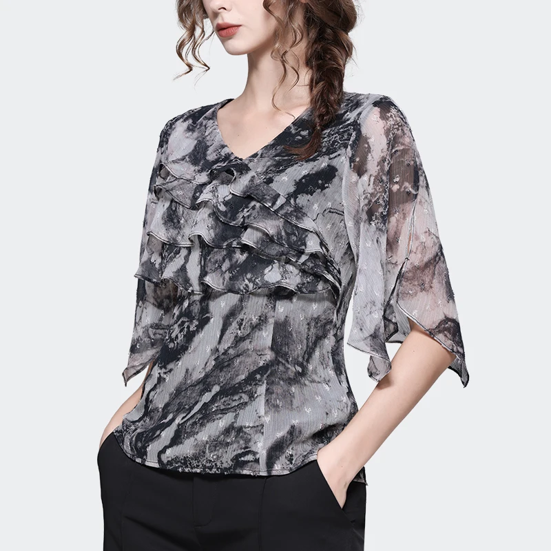 Fashion Lightweight Ruffles Black Printed Chiffon Blouse Women 2023 Summer V-neck Half Sleeve Tops Elegant Vintage Chic Shirts